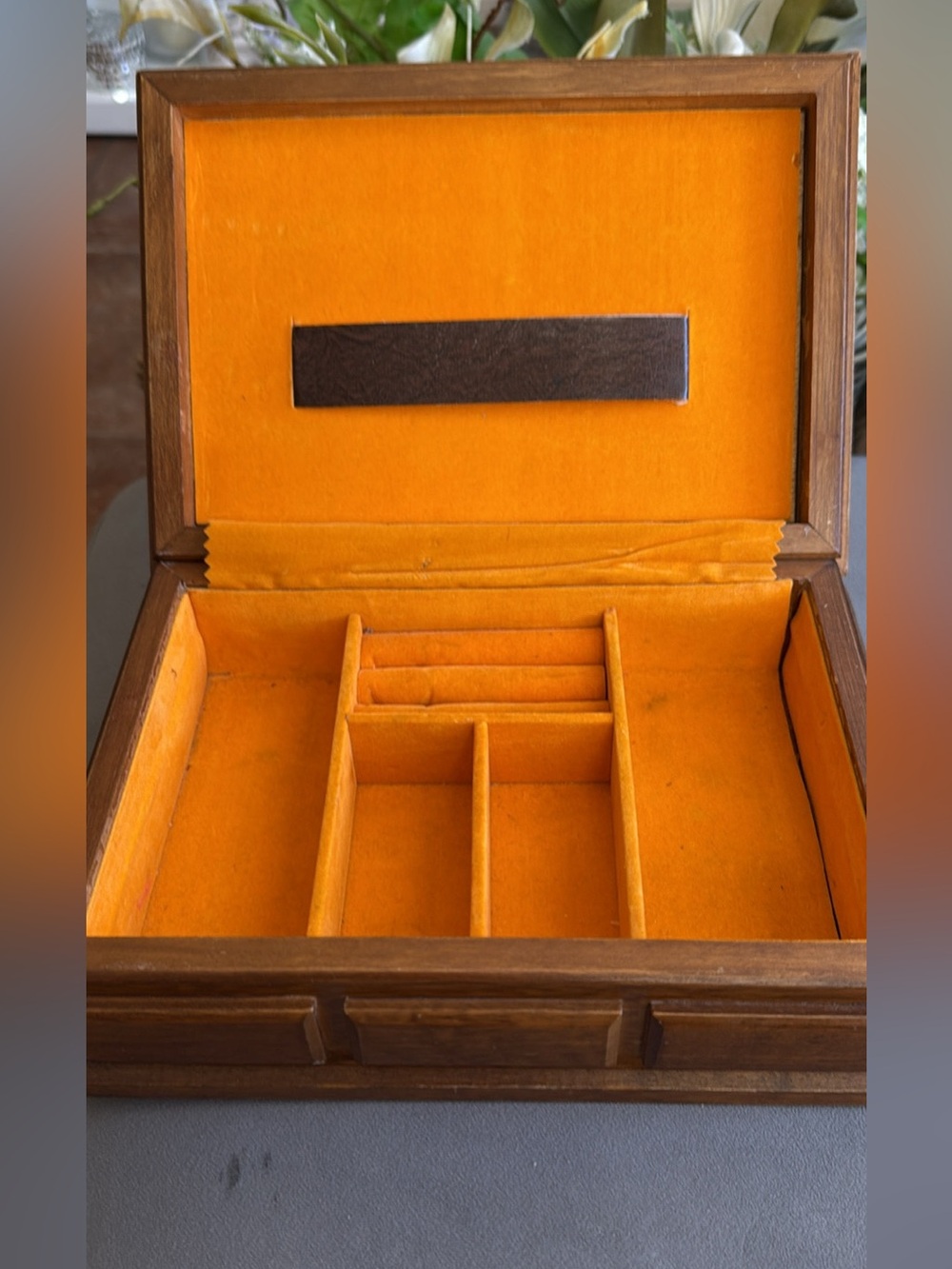 Vintage Wooden Jewelry Organizer Box Orange Velvet Interior Silver Studs